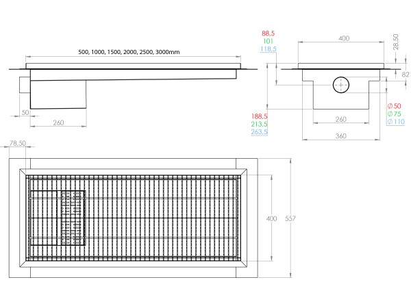Inox protizdrsna talna rešetka s koritom ,sifonom in košaro. Dimenzij: 400mm x 1200mm ,odtok opcija Ø50mm ,Ø75mm ,Ø110mm ,smer odtoka opcijsko horizontalno ali vertikalno-POVOZNA ,PROTIZDRSNA s PRIROBNICO za HIDROIZOLACIJO