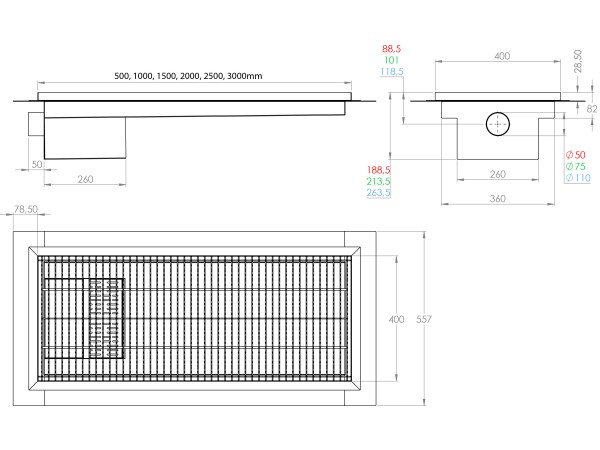 Inoks podna rešetka s koritom i sifonom, dimenzija 400mm x 2000mm  x Ø50mm / Ø75mm/Ø110mm ,vodoravno / okomito POGODNA ZA PRELAZAK VOZILOM PROTUKLIZNA s PRIRUBNICOM za HIDROIZOLACIJU