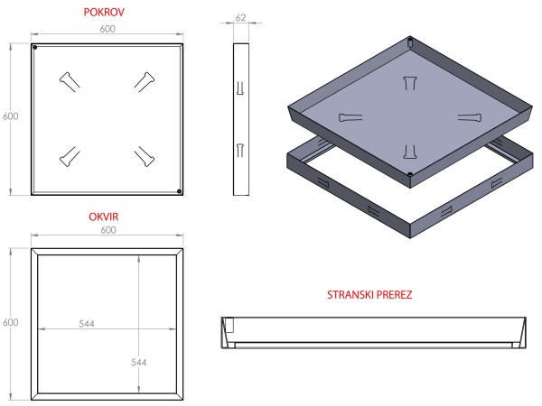 ULJNI ŠAHT – POKLOPAC sa dnom bez armature 600 X 600 X 62mm INOX