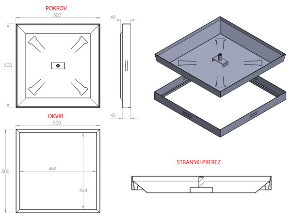 ULJNI ŠAHT – POKLOPAC sa podubljenim dnom 500 X 500 X 40mm INOX