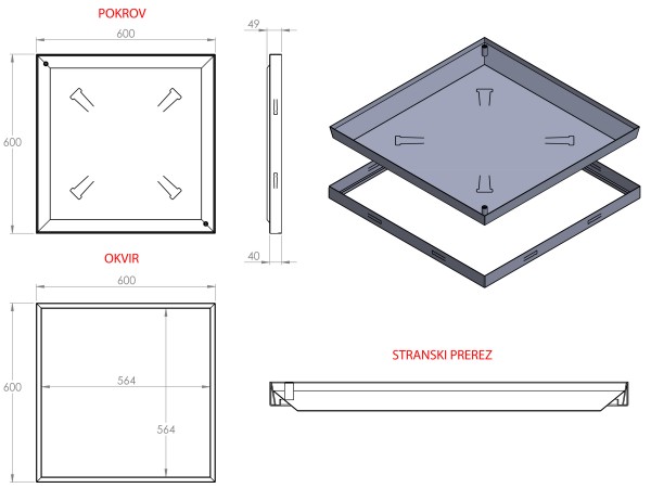 OLJNI JAŠEK - POKROV s poglobljenim dnom 600 X 600 X 40mm INOX