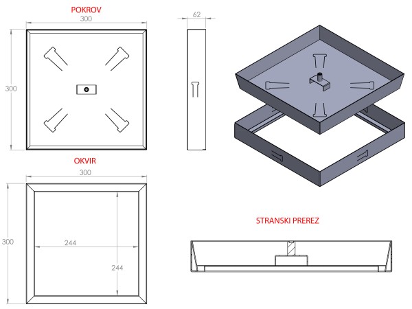 OLJNI JAŠEK - POKROV z dnom brez armature 300 X 300 X 62mm INOX