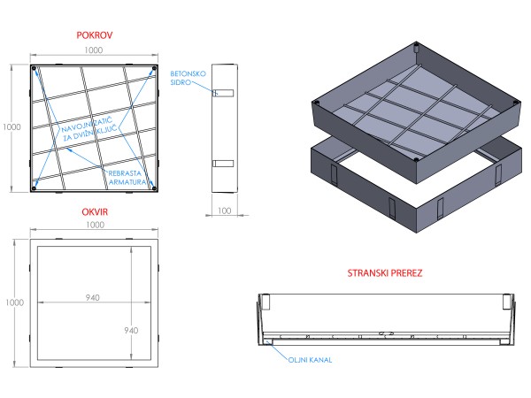 ULJNI ŠAHT – POKLOPAC sa dnom i čeličnom armaturom 1000 X 1000 X 100mm INOX