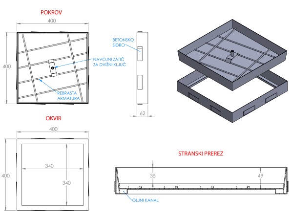 ULJNI ŠAHT – POKLOPAC sa dnom i čeličnom armaturom 400 X 400 X 62mm INOX