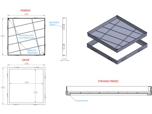 ULJNI ŠAHT – POKLOPAC sa dnom i čeličnom armaturom 600 X 600 X 62mm INOX