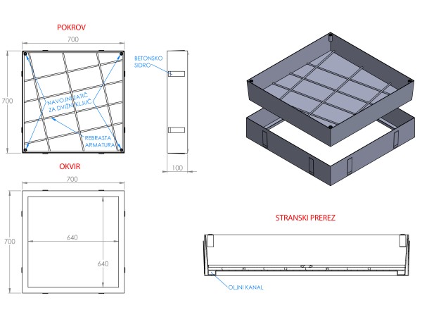 OLJNI JAŠEK - POKROV z dnom in jekleno armaturo 700 X 700 X 100mm INOX