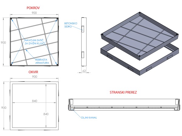 ULJNI ŠAHT – POKLOPAC sa dnom i čeličnom armaturom 900 X 900 X 62mm INOX