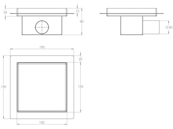 Sifone bagno a pavimento per installazione di CERAMICA con flangia per impermeabilizzazione 150x150x80mm ACCIAIO INOX Ø40mm orizzontale