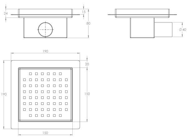 Sifone bagno a pavimento con MODELLO FORATO con flangia per impermeabilizzazione 150x150x80 mm INOX Ø40mm orizzontale