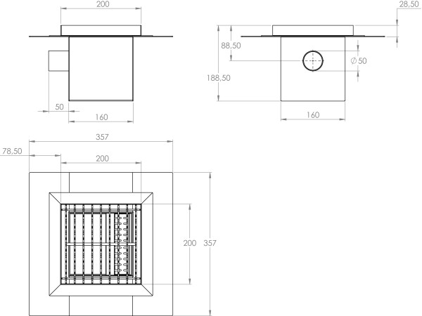 Inoks podni sifon s rešetkom dimenzija 200mm x 200mm x 188mm Ø50mm vodoravno POGODAN ZA PRELAZAK VOZILOM PROTUKLIZAN s PRIRUBNICOM za HIDROIZOLACIJU