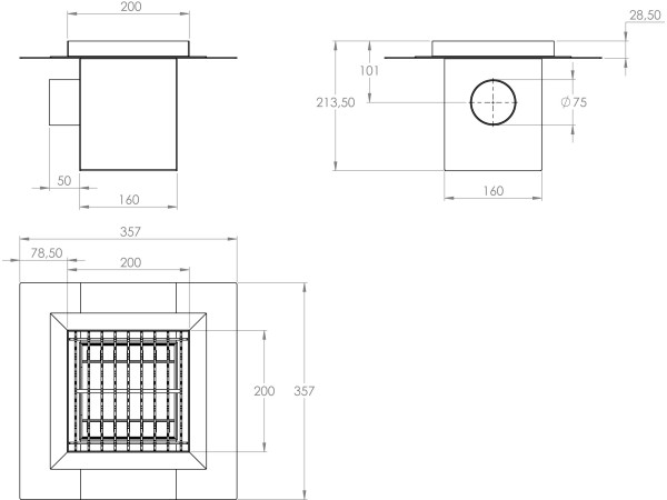 Sifone a pavimento con griglia, 200mm x 200mm x 213mm Ø75mm orizzontale, CARRABILE ANTISCIVOLO con FLANGIA per IMPERMEABILIZZAZIONE