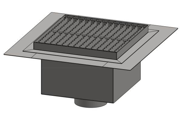 Inox talni sifon Z REŠETKO, dimenzij 200mm x 200mm x 191mm Ø110mm vertikalno POVOZEN PROTIZDRSEN s PRIROBNICO za HIDROIZOLACIJO