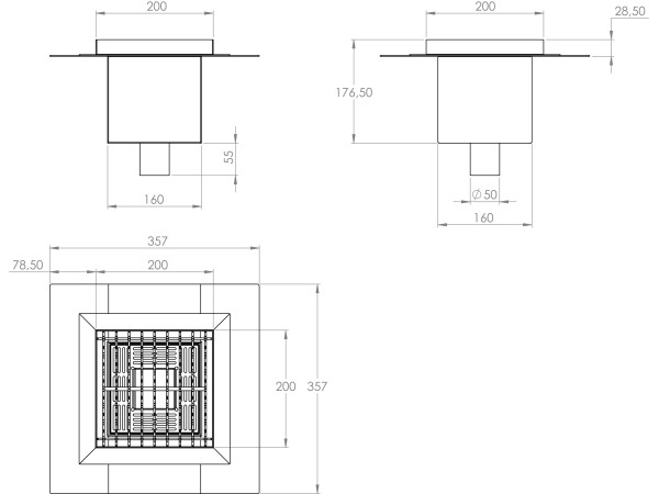 Inox talni sifon Z REŠETKO, dimenzij 200mm x 200mm x 176mm Ø50mm vertikalno POVOZEN PROTIZDRSEN s PRIROBNICO za HIDROIZOLACIJO