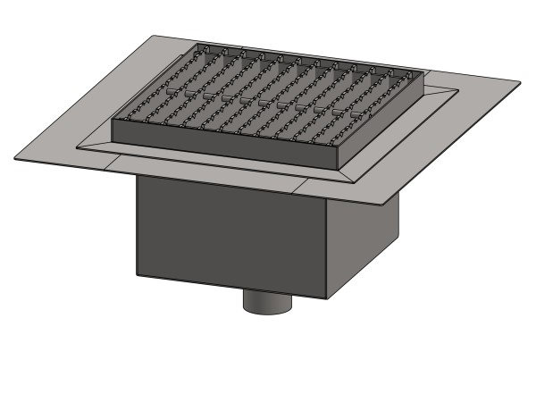 Inox talni sifon Z REŠETKO, dimenzij 250mm x 250mm x 176mm Ø50mm vertikalno POVOZEN PROTIZDRSEN s PRIROBNICO za HIDROIZOLACIJO