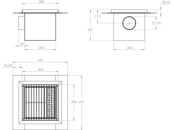 Inoks podni sifon s rešetkom dimenzija 300mm x 300mm x 257mm Ø110mm vodoravno POGODAN ZA PRELAZAK VOZILOM PROTUKLIZAN s PRIRUBNICOM za HIDROIZOLACIJU