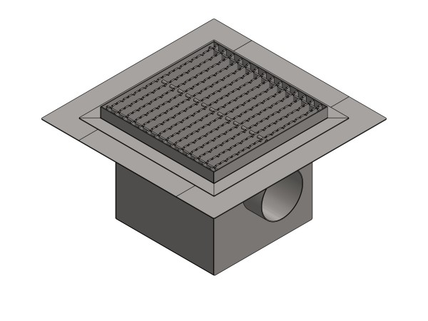 Inoks podni sifon s rešetkom dimenzija 300mm x 300mm x 257mm Ø110mm vodoravno POGODAN ZA PRELAZAK VOZILOM PROTUKLIZAN s PRIRUBNICOM za HIDROIZOLACIJU