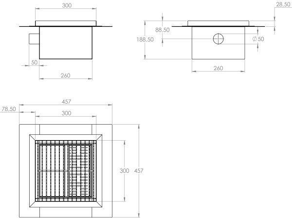 Inox talni sifon Z REŠETKO, dimenzij 300mm x 300mm x 188mm Ø50mm horizontalno POVOZEN PROTIZDRSEN s PRIROBNICO za HIDROIZOLACIJO