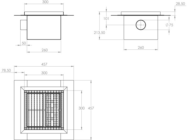 Inoks podni sifon s rešetkom dimenzija 300mm x 300mm x 213mm Ø75mm vodoravno POGODAN ZA PRELAZAK VOZILOM PROTUKLIZAN s PRIRUBNICOM za HIDROIZOLACIJU