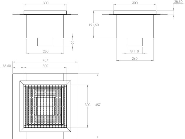 Inoks podni sifon s rešetkom dimenzija 300mm x 300mm x 191mm Ø110mm okomito POGODAN ZA PRELAZAK VOZILOM PROTUKLIZAN s PRIRUBNICOM za HIDROIZOLACIJU