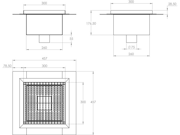 Inoks podni sifon s rešetkom dimenzija 300mm x 300mm x 176mm Ø75mm okomito POGODAN ZA PRELAZAK VOZILOM PROTUKLIZAN s PRIRUBNICOM za HIDROIZOLACIJU