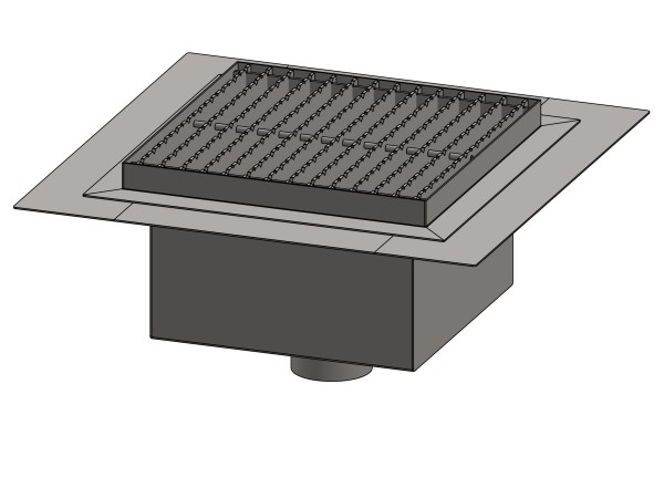 Inoks podni sifon s rešetkom dimenzija 300mm x 300mm x 176mm Ø75mm okomito POGODAN ZA PRELAZAK VOZILOM PROTUKLIZAN s PRIRUBNICOM za HIDROIZOLACIJU