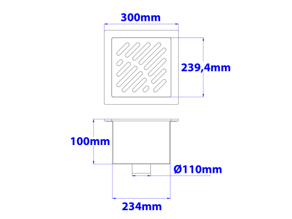 Talni sifon komplet s čelno ploščo debeline 5mm s PERFORIRANIM VZORCEM (AVTOPOVOZNO) 300x300x100mm INOX Ø110mm vertikalno