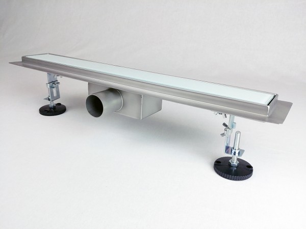 Canalina di scarico per doccia con copertura in VETRO TEMPERATO BIANCO, dimensioni: 1000(l) x 70(w) x 70(h) mm INOX