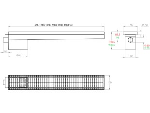 Griglia a pavimento inox con vasca e sifone, dimensioni 150mm x 3000mm x Ø50mm / Ø75mm orizzontale/verticale CARRABILE ANTISCIVOLO