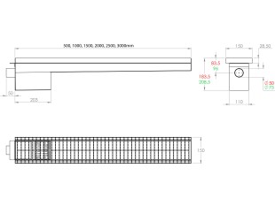 Griglia a pavimento inox con vasca e sifone, dimensioni 150mm x 500mm - 3000mm x Ø50mm / Ø75mm orizzontale/verticale CARRABILE ANTISCIVOLO