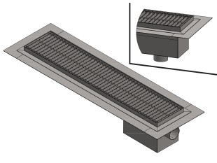 Inoks podna rešetka s koritom i sifonom, dimenzija 200mm x 500mm - 3000mm x Ø50mm / Ø75mm vodoravno / okomito POGODNA ZA PRELAZAK VOZILOM PROTUKLIZNA s PRIRUBNICOM za HIDROIZOLACIJU