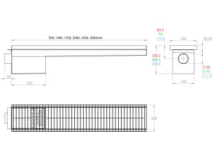 Inox protizdrsna talna rešetka s koritom,sifonom in košaro. Dimenzij:200mm x 2000mm ,odtok opcija Ø50mm / Ø75mm / Ø110mm,smer odtoka opcijsko horizontalno ali vertikalno-POVOZNA,PROTIZDRSNA brez PRIROBNICE za HIDROIZOLACIJO