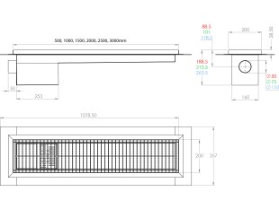 Griglia a pavimento inox con vasca e sifone, dimensioni 200mm x 500mm - 3000mm x Ø50mm / Ø75mm / Ø110mm orizzontale/verticale CARRABILE ANTISCIVOLO con FLANGIA per IMPERMEABILIZZAZIONE