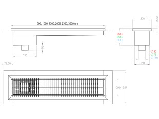 Inox talna rešetka s koritom in sifonom, dimenzij 200mm x 500mm-3000mm x Ø50mm / Ø75mm / Ø110mm horizontalno / vertikalno POVOZNA PROTIZDRSNA s PRIROBNICO za HIDROIZOLACIJO