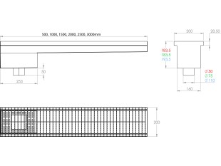 Inoks podna rešetka s koritom i sifonom, dimenzija 200mm x 2500mm x Ø50mm / Ø75mm/Ø110mm vodoravno / okomito POGODNA ZA PRELAZAK VOZILOM PROTUKLIZNA