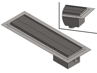 Inoks podna rešetka s koritom i sifonom, dimenzija 250mm x 500mm - 3000mm x Ø50mm / Ø75mm vodoravno / okomito POGODNA ZA PRELAZAK VOZILOM PROTUKLIZNA s PRIRUBNICOM za HIDROIZOLACIJU