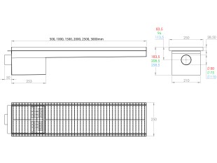 Griglia a pavimento inox con vasca e sifone, dimensioni 250mm x 500mm - 3000mm x Ø50mm / Ø75mm / Ø110m orizzontale/verticale CARRABILE ANTISCIVOLO