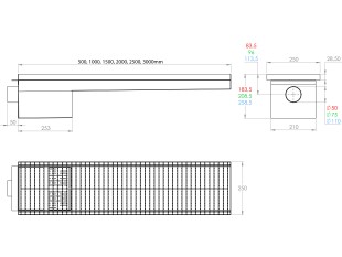 Inoks podna rešetka s koritom i sifonom, dimenzija 250mm x 500mm - 3000mm x Ø50mm / Ø75mm / Ø110mm vodoravno / okomito POGODNA ZA PRELAZAK VOZILOM PROTUKLIZNA