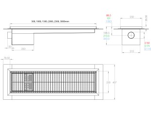 Inox talna rešetka s koritom in sifonom, dimenzij 250mm x 500mm-3000mm x Ø50mm / Ø75mm / Ø110mm horizontalno / vertikalno POVOZNA PROTIZDRSNA s PRIROBNICO za HIDROIZOLACIJO