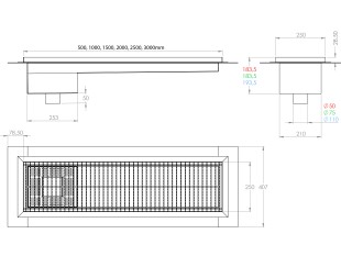 Inoks podna rešetka s koritom i sifonom, dimenzija 250mm x 500mm - 3000mm x Ø50mm / Ø75mm vodoravno / okomito POGODNA ZA PRELAZAK VOZILOM PROTUKLIZNA s PRIRUBNICOM za HIDROIZOLACIJU