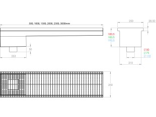 Griglia a pavimento inox con vasca e sifone, dimensioni 250mm x 500mm - 3000mm x Ø50mm / Ø75mm / Ø110m orizzontale/verticale CARRABILE ANTISCIVOLO