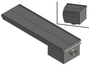 Inoks podna rešetka s koritom i sifonom, dimenzija 300mm x 500mm - 3000mm x Ø50mm / Ø75mm / Ø110mm vodoravno / okomito POGODNA ZA PRELAZAK VOZILOM PROTUKLIZNA