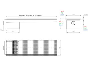 Griglia a pavimento inox con vasca e sifone, dimensioni 300mm x 500mm - 3000mm x Ø50mm / Ø75mm / Ø110m orizzontale/verticale CARRABILE ANTISCIVOLO