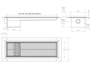 Inoks podna rešetka s koritom i sifonom, dimenzija 300mm x 1000mm  x Ø50mm / Ø75mm/Ø110mm ,vodoravno / okomito POGODNA ZA PRELAZAK VOZILOM PROTUKLIZNA s PRIRUBNICOM za HIDROIZOLACIJU