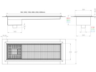 Inox protizdrsna talna rešetka s koritom ,sifonom in košaro. Dimenzij: 300mm x 1000mm ,odtok opcija Ø50mm ,Ø75mm ,Ø110mm ,smer odtoka opcijsko horizontalno ali vertikalno-POVOZNA ,PROTIZDRSNA s PRIROBNICO za HIDROIZOLACIJO