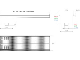 Griglia a pavimento inox con vasca e sifone, dimensioni 300mm x 500mm - 3000mm x Ø50mm / Ø75mm / Ø110m orizzontale/verticale CARRABILE ANTISCIVOLO