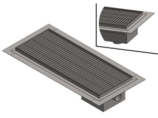 Inoks podna rešetka s koritom i sifonom, dimenzija 400mm x 500mm - 3000mm x Ø50mm / Ø75mm vodoravno / okomito POGODNA ZA PRELAZAK VOZILOM PROTUKLIZNA s PRIRUBNICOM za HIDROIZOLACIJU