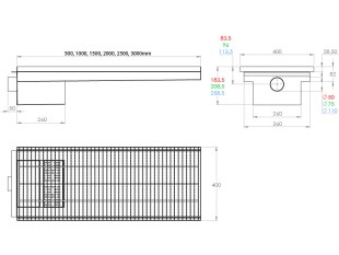 Inoks podna rešetka s koritom i sifonom, dimenzija 400mm x 400mm x Ø50mm / Ø75mm/Ø110mm vodoravno / okomito POGODNA ZA PRELAZAK VOZILOM PROTUKLIZNA