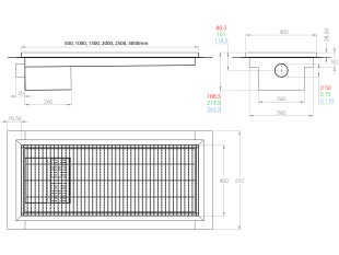 Inox protizdrsna talna rešetka s koritom ,sifonom in košaro. Dimenzij: 400mm x 1200mm ,odtok opcija Ø50mm ,Ø75mm ,Ø110mm ,smer odtoka opcijsko horizontalno ali vertikalno-POVOZNA ,PROTIZDRSNA s PRIROBNICO za HIDROIZOLACIJO