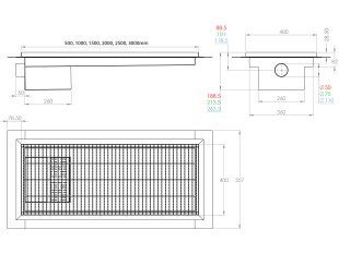 Inoks podna rešetka s koritom i sifonom, dimenzija 400mm x 2500mm  x Ø50mm / Ø75mm/Ø110mm ,vodoravno / okomito POGODNA ZA PRELAZAK VOZILOM PROTUKLIZNA s PRIRUBNICOM za HIDROIZOLACIJU