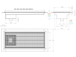 Inoks podna rešetka s koritom i sifonom, dimenzija 400mm x 1500mm  x Ø50mm / Ø75mm/Ø110mm ,vodoravno / okomito POGODNA ZA PRELAZAK VOZILOM PROTUKLIZNA s PRIRUBNICOM za HIDROIZOLACIJU